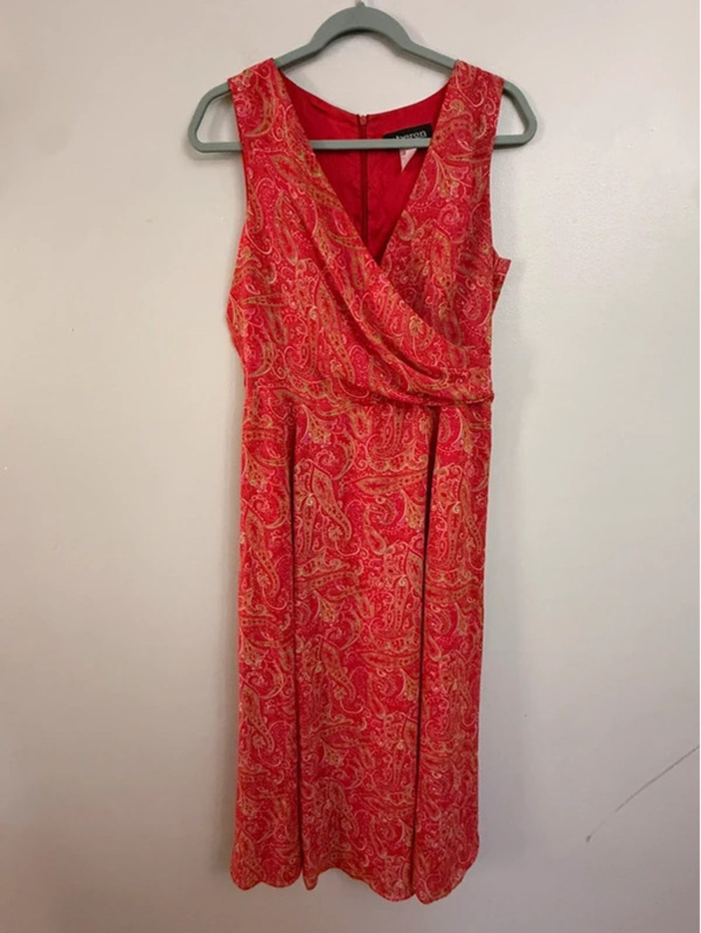 Vintage Oberon Red & Lime Paisley Sleeveless Faux Wrap Midi Dress size 10